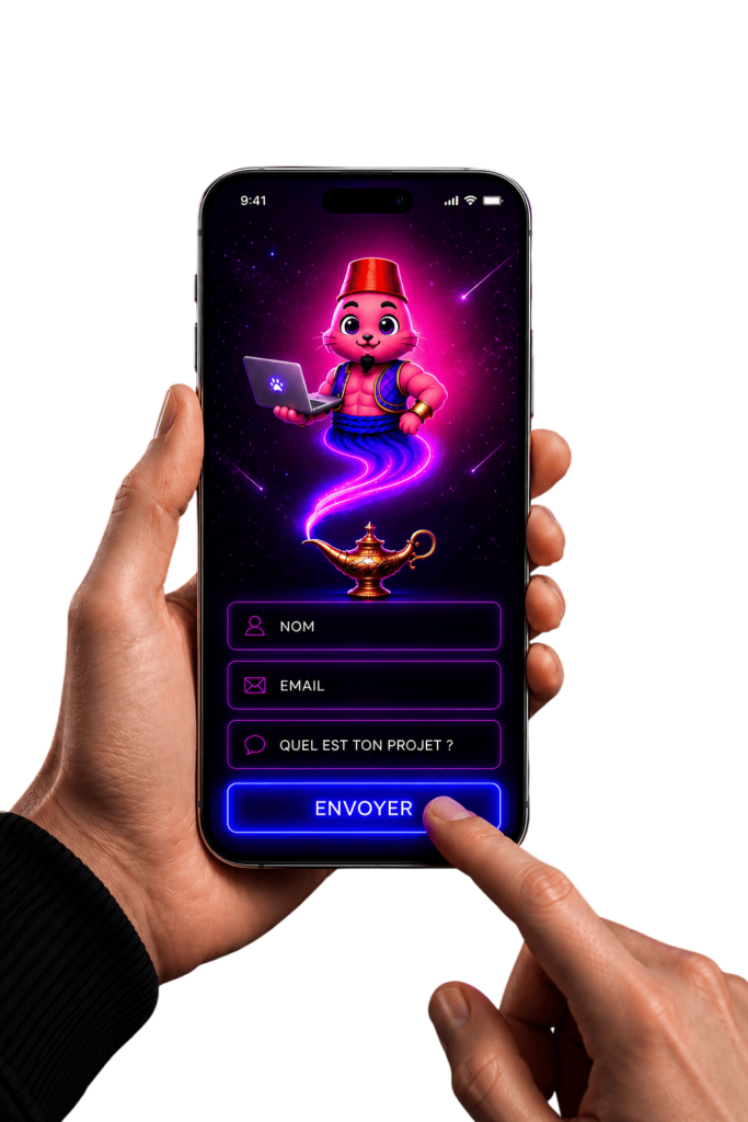 Formulaire de contact sur mobile avec mascotte génie de la lampe qui réalise les voeux digitaux et design néon futuriste