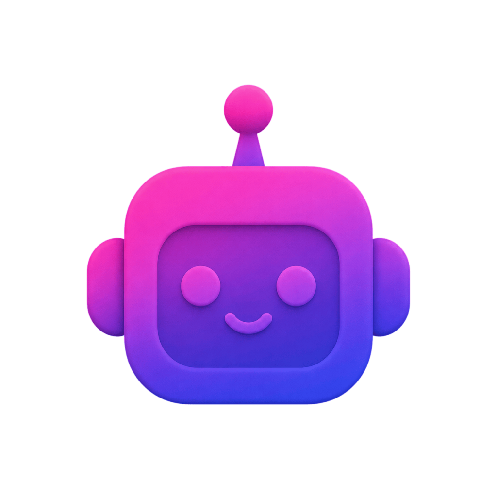 Assistant virtuel IA illustré par une icône de robot moderne en dégradé rose et violet